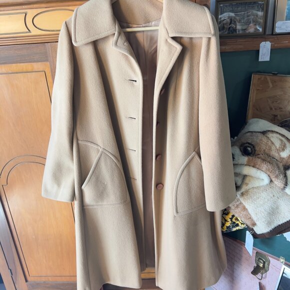 Vintage 1960s Pure Wool Coat Camel Brown Overcoat Collared Long Line Warm Sz 10 - Picture 2 of 12